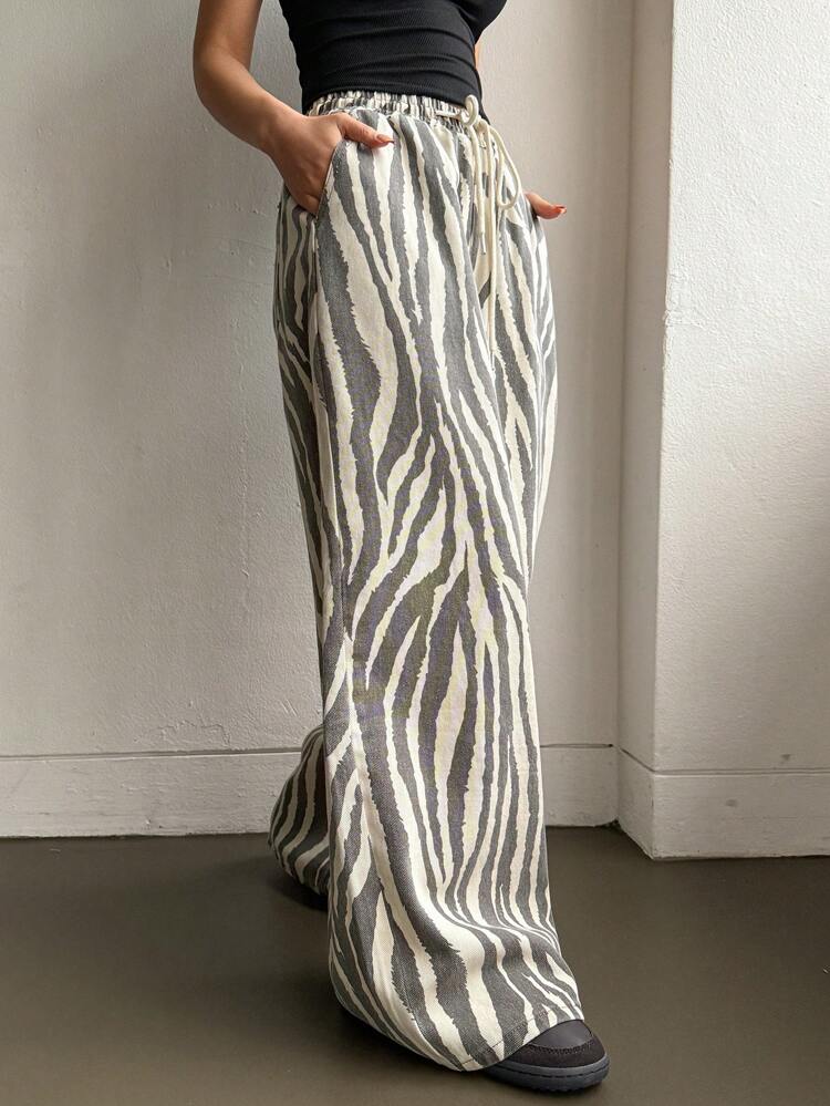 Women's Casual Wide Leg Zebra Print Jeans