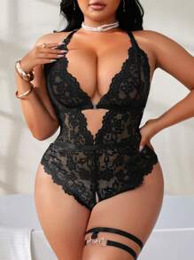SHEIN 2 件大码无钢圈蕾丝迷人紧身衣内衣套装 - 黑色 - 查看 2