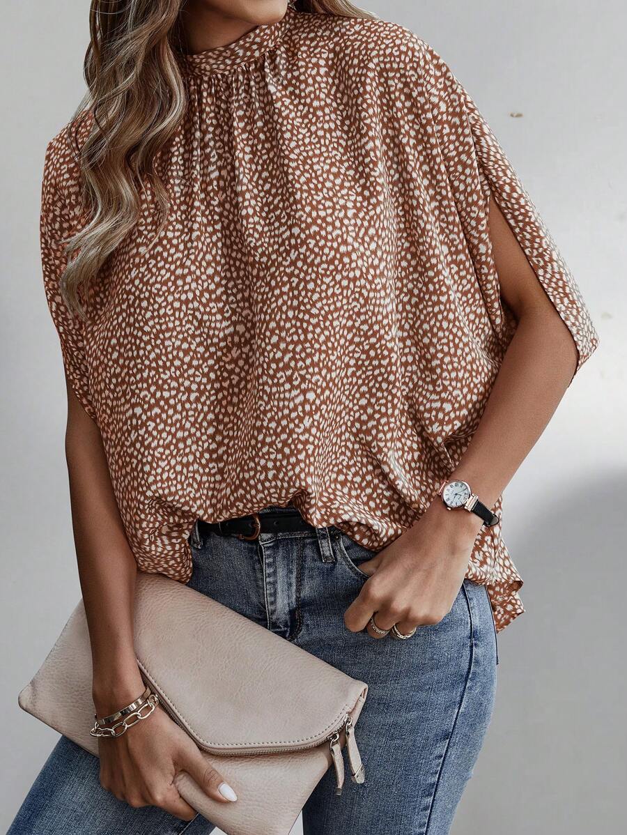 SHEIN Clasi Women Leopard Print Stand Collar Split Sleeve Loose Fashion Blouse - Multicolor - View 1