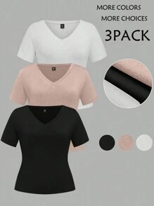 SHEIN LUNE 大码女式纯色 V 领短袖中长休闲 T 恤