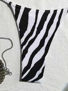 Swim SXY Women's Halter Neck Spaghetti Strap Patterned Summer Sexy Casual Vacation Beach Suit Swimwear - Black and White - View 6