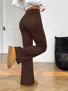 SHEIN EZwear Brown Knitted Thermal Lined Flare Casual Pants For Women