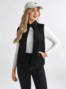 SHEIN LUNE Women's Solid Color Zip-Up Padded Padded Vest Jacket In Fall/Winter - Dark Grey - View 4