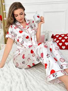Satin-Like Heart Print Shawl Collar Cardigan Pajama Set