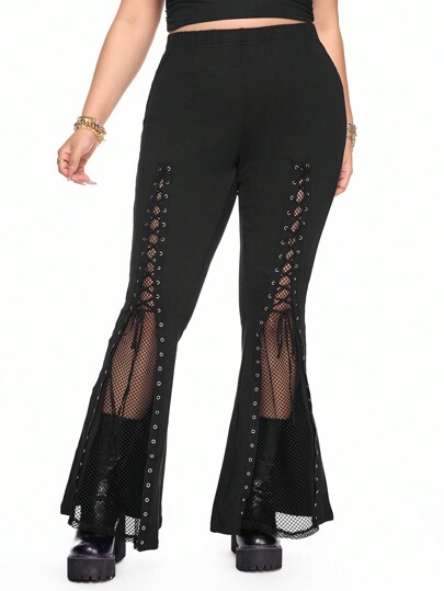 Grunge Punk Pantalon évasé à 2 en 1 avec laçage, style vintage punk goth pour femmes grande taille