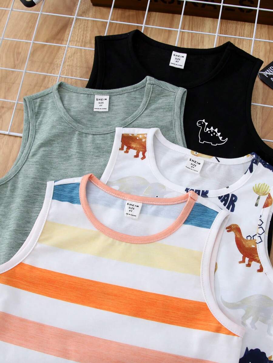 4pcs/Set Young Boy Casual Solid & Printed Round Neck Sleeveless Loose Knit Tank Tops, 4 Different Designs, Suitable For School, Garden, Beach, Birthday, Spring, Summer, Autumn, Winter