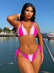 Swim SXY 2pcs/Set Pink Contrast Trim Rhinestone Button Bra & Bikini Swim Set Summer - Pink - View 4