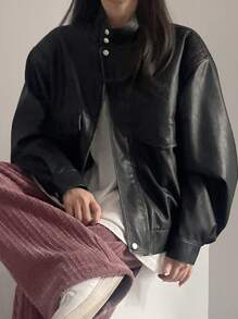 DAZY Women's Loose Fit Stand Collar Distressed Jacket,Fall Clothes Leather Jacket - Black - View 3