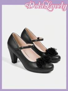 Dola Lovely Women's Black & White Classic Mary Jane High Heel Shoes, Retro Lolita Lace Pattern - Black - View 5