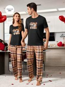 2 件套男士可爱熊印花短袖衬衫和格子裤睡衣套装，送给男朋友的礼物 - 彩色 - 查看 3