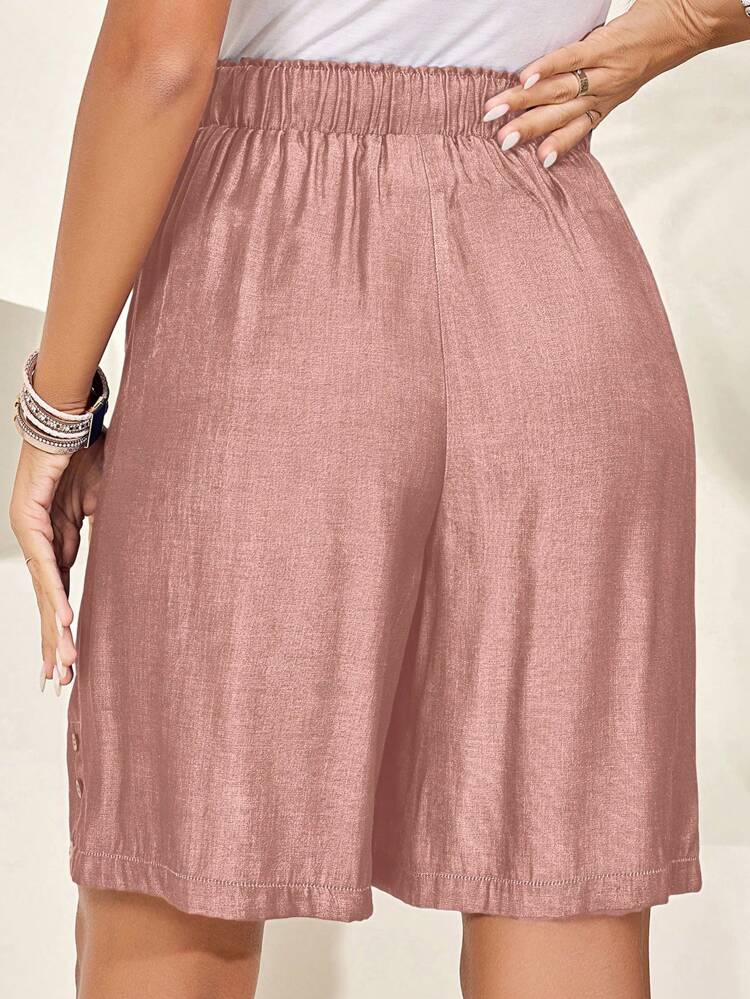 Women's Solid Color Tie Waist Pockets Loose Casual Shorts