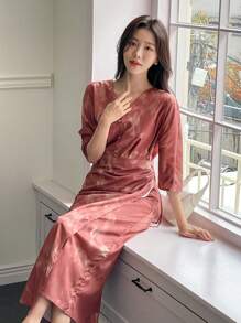 DAZY 印花渐变色复古裹身半袖女式连衣裙