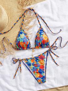 Summer 2pcs Women & Girls Casual Vacation Floral Patchwork, Dopamine Color Stripes Bikini Set - Multicolor - View 8