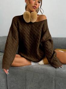 Flirla Dames Casual Losse Havermout Ronde Hals Drop Schouder Dikke Brei Trui Voor Herfst & Winter
