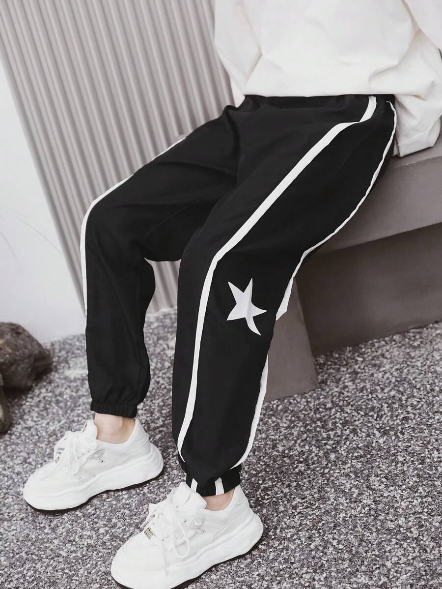 SHEIN Older Boys' Color Block Splice Fashionable Outdoor Sports Print Drawstring Pants, Spring & Summer - Black - View 1