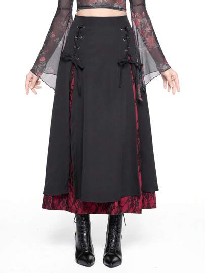 Grunge Punk Women Retro Grunge Color Block Tie Waist Long Skirt