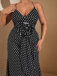 SHEIN BAE Plus Size Dresses,Black And White Polka Dot Dress,Summer 70's Elegant Party 3D Flower V-Neck Cami Dress,Bowknot Birthday Outfits,Vacation Formal Dress - Black - View 5