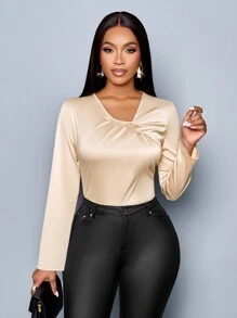 SOLERSUN Winter Clothes For Women Elegant Commuting Daytime Daily Apricot Satin V-Neck Neckline Pleated Long-Sleeved Shirt