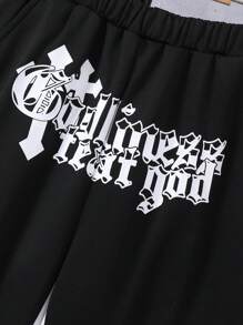 2pcs/Set Teens Boys' Casual Cross Print Round Neck Drop Shoulder Long Sleeve Sweatshirt And Pants Set, Autumn/Winter - Black - View 5