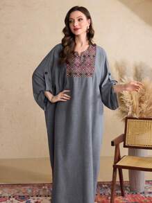 Al Najma 女士几何图案 V 领卷袖宽松土耳其风格连衣裙、卡夫坦和贾拉比亚，端庄 - 彩色 - 查看 5