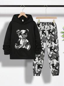 SHEIN 2pcs/Set Casual Teen Boys' Comfortable Simple Versatile Cute Soft Thick Fabric Hoodie Sweatshirt & Camo Pants Outfit, Suitable For School, Outdoors, Sports, All Seasons