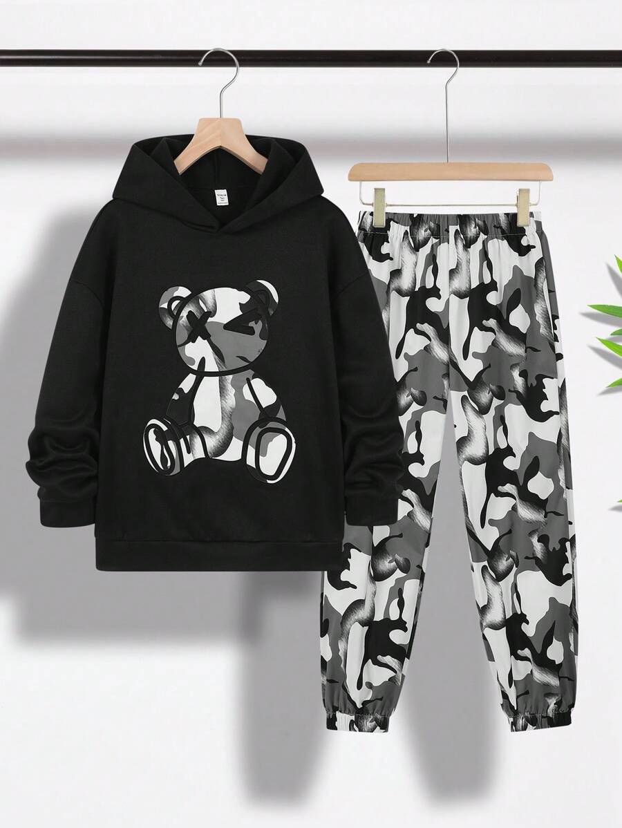SHEIN 2pcs/Set Casual Teen Boys' Comfortable Simple Versatile Cute Soft Thick Fabric Hoodie Sweatshirt & Camo Pants Outfit, Suitable For School, Outdoors, Sports, All Seasons