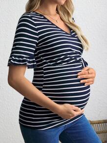 SHEIN Stripe Tie-Front Nursing Wrap Maternity T-Shirt For Vacation & Casual Occasions