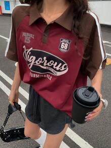 DAZY Camiseta polo de manga corta con bloqueo de color y estampado de letras, camiseta gráfica de estilo callejero retro para mujeres