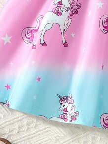 SHEIN Young Girl' Cute Unicorn Colorblock Print Casual Round Neck Short Sleeve Dress, Suitable For Summer Summer Holiday - Multicolor - View 3