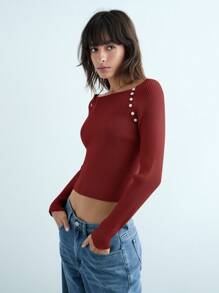 Maija 女士都市现代优雅休闲复古灰色针织毛衣，秋冬 - 紅色 - 查看 4