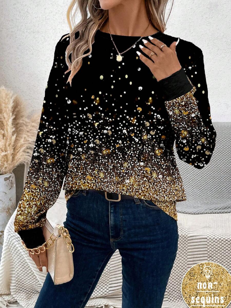 SHEIN LUNE 休闲简约闪亮图案宽松圆领长袖女式T恤，适合秋冬跨年 - 彩色 - 查看 1