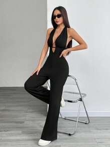 Flirla Bộ đồ liền thân ống rộng hở lưng phong cách Y2K gợi cảm & thanh lịch, thường ngày - màu đen - Xem 4