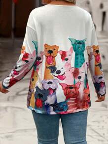 SHEIN Plus Size Women's Puppy Graphic Knit Casual Cute Long Sleeve Top - White - View 2