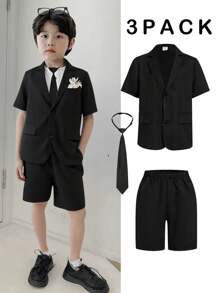 SHEIN Leap Crew 3 件套男士休闲修身西装外套、裤子和领带套装，买 2 送 1 - 黑色 - 查看 1