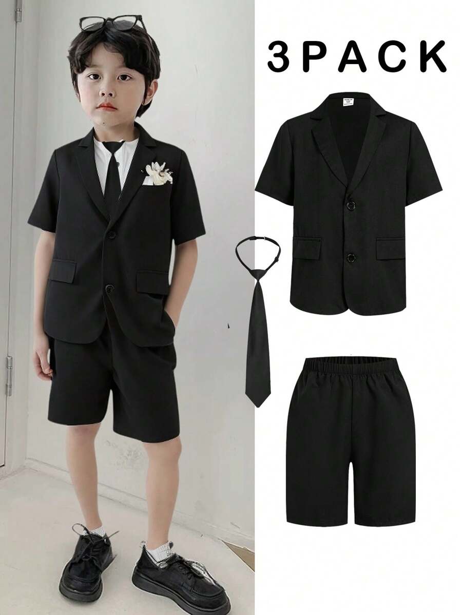 SHEIN Leap Crew 3 件套男士休闲修身西装外套、裤子和领带套装，买 2 送 1 - 黑色 - 查看 1