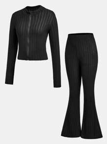SHEIN 2 件套青少年女孩休闲罗纹针织弹力长袖短款拉链夹克和喇叭裤，秋季套装 - 黑色 - 查看 3