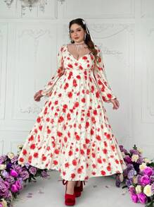 Lyrianda Plus Size Chiffon Embroidered Dress With Valentines, Rose, Heart, Polka Dot, Love, Lip, Cupid, 91D Flower Design Maxi Women Outfit