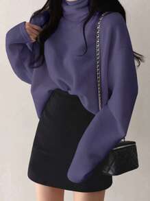 DAZY 女士纯色宽松落肩长袖休闲T恤，春夏秋季服装高领衫 - 紫色 - 查看 3