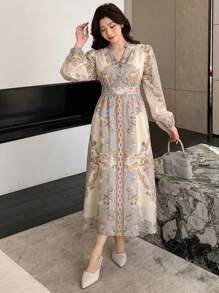 DAZY Floral Print Puff Sleeve Button Down Mid-Length Dress For Women Elegant,Fall Dress Vacation Outfits Women - Blue - View 6