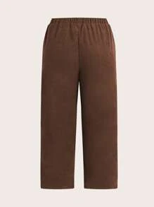 SHEIN LUNE 大码女式纯色口袋灯芯绒常规长裤，日常休闲装 - 棕色 - 查看 2