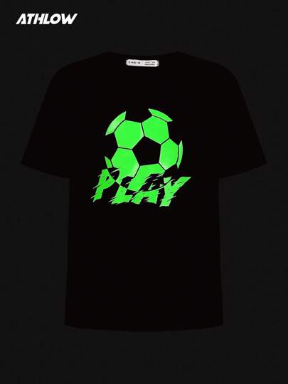 SHEIN Tween Boys Sport Black T-Shirt With Reflective Football Glow-In-The-Dark Pattern, Comfortable Loose Fit, Suitable For Outdoor Sports And Football, Tween Boys Activewear