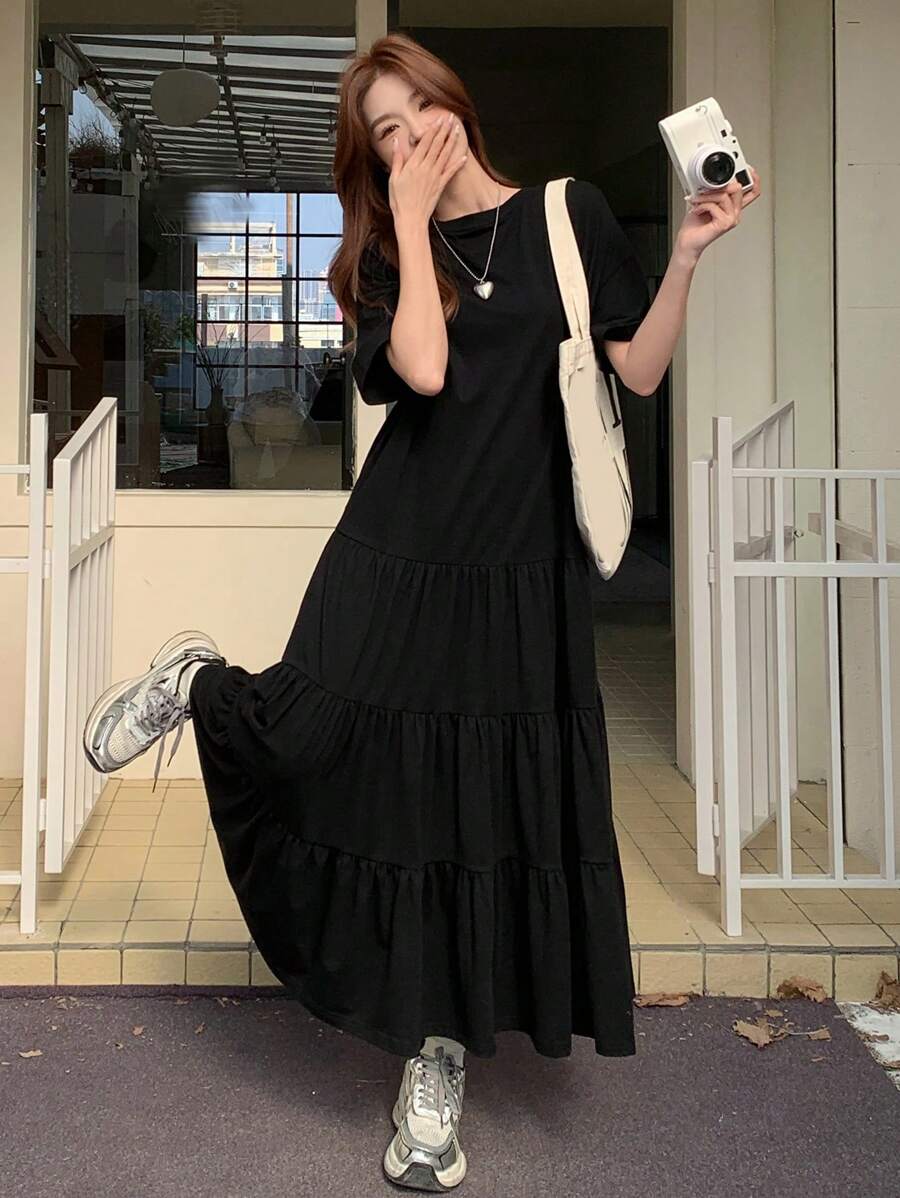 DAZY 女式宽松短袖T恤连衣裙，搭配拼布蛋糕裙，中长款