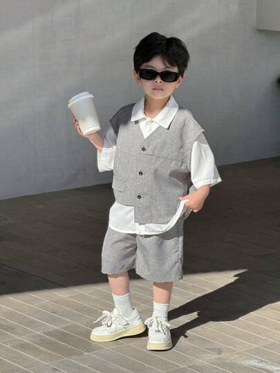 SHEIN Little Byeori 3 件套年轻男孩/女孩休闲韩版口袋无袖开衫、纯色领衬衫、休闲裤，适合返校、日常穿着、运动、春夏季