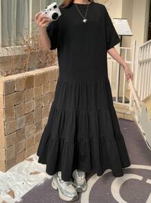 DAZY 女式宽松短袖T恤连衣裙，搭配拼布蛋糕裙，中长款