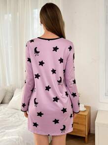 Snug Zone Camisón de mujer con estampado de panda y estrella, encaje y parche, cuello redondo, otoño e invierno - Morado - Ver 2