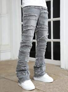 ROMWE MEN Street Life Men's Frayed Hem Patchwork Flare Leg Jeans - Grey - View 3