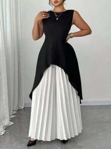 SHEIN Unity 2 Stücke Set in Große Größen: einfarbiges T-Shirt mit rundem Ausschnitt, ärmellos, asymmetrischer Saum und lange plissierte Hose, Büro- und Freizeitmode, Frühling/Sommer - Schwarz und Weiss - Übersicht 3