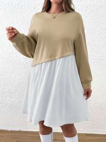 SHEIN LUNE 大码女式撞色落肩长袖休闲拼布连衣裙，秋季