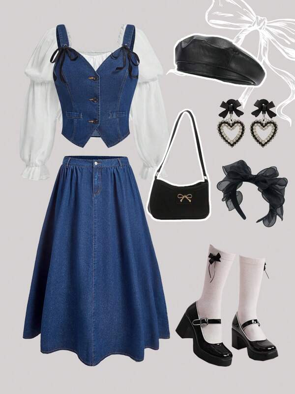 SHEIN MOD Plus Size Denim A-Line Long Skirt, Blue