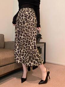 DAZY 豹纹美人鱼长裙，优雅，秋冬女装半身裙 - 棕色 - 查看 9
